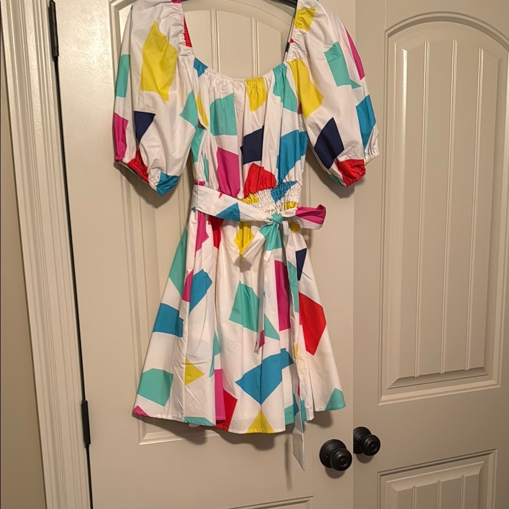 Peach Love California Red and Blue Puff Sleeve Sundress